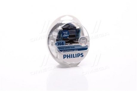 Лампа накаливания H4 12V 60/55W WhiteVision ULTRA +60 (4200K) (компл) PHILIPS 12342WVUSM