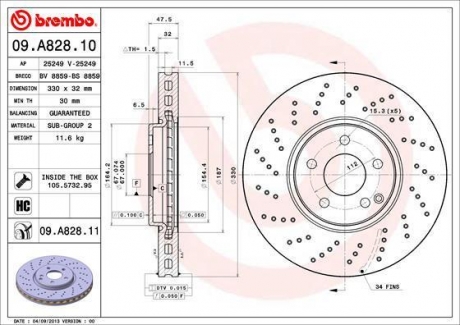 Тормозной диск вентилируемый BREMBO 09.A828.11 (фото 1)