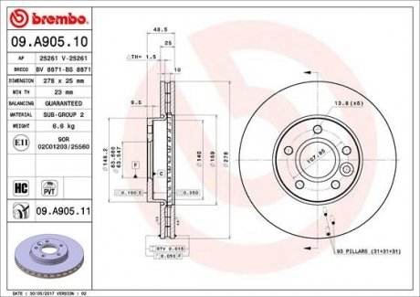 Тормозной диск вентилируемый BREMBO 09.A905.10