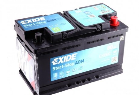 Аккумулятор START-STOP AGM (315×175×190), 80Ач, 800А, R+ EXIDE EK800 (фото 1)