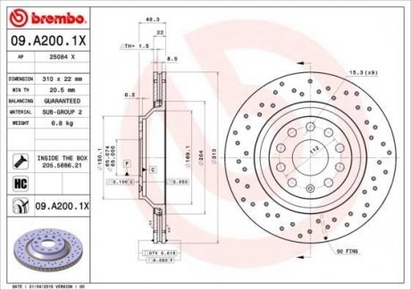 Гальмiвний диск BREMBO 09.A200.1X (фото 1)