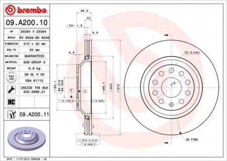 Гальмiвний диск BREMBO 09.A200.11 (фото 1)
