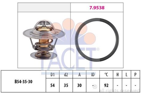 Термостат Opel Omega A/Ascona B/Ford Scorpio/Volvo S60/S70/V70 2.0-3.0 i/D -98 (92 C) FACET 7.8279 (фото 1)